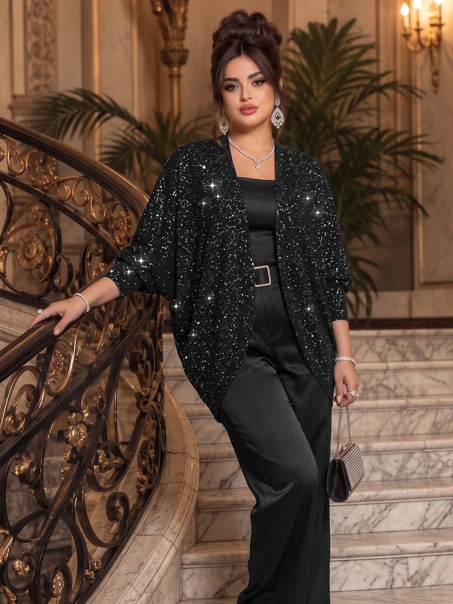 Roveilla Plus Size Niche Design Starry Sequin Loose Cardigan With Plus Size Batwing Sleeves, Arm-Covering Slimming Long Sleeve Outerwear, Street Night Scene Vibe, Versatile For Commute And Party - Black - View 1