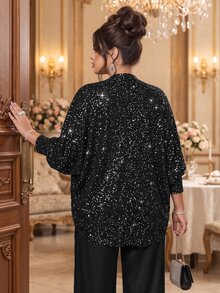 Roveilla Plus Size Niche Design Starry Sequin Loose Cardigan With Plus Size Batwing Sleeves, Arm-Covering Slimming Long Sleeve Outerwear, Street Night Scene Vibe, Versatile For Commute And Party - Black - View 2