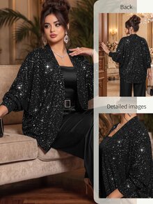 Roveilla Plus Size Niche Design Starry Sequin Loose Cardigan With Plus Size Batwing Sleeves, Arm-Covering Slimming Long Sleeve Outerwear, Street Night Scene Vibe, Versatile For Commute And Party - Black - View 6