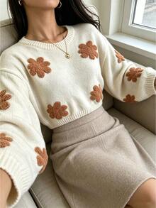 Autumina Women's Autumn/Winter Vintage Slouchy Round Neck Loose Long Sleeve Y2K Millennium Style Sweater Top - Apricot - View 5