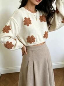 Autumina Women's Autumn/Winter Vintage Slouchy Round Neck Loose Long Sleeve Y2K Millennium Style Sweater Top - Apricot - View 4