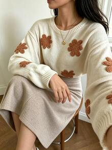 Autumina Women's Autumn/Winter Vintage Slouchy Round Neck Loose Long Sleeve Y2K Millennium Style Sweater Top - Apricot - View 6