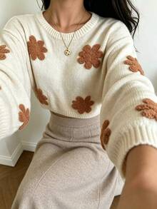 Autumina Women's Autumn/Winter Vintage Slouchy Round Neck Loose Long Sleeve Y2K Millennium Style Sweater Top - Apricot - View 3