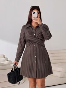 Solflare Plus Size Women's Striped Long Sleeve Single-Breasted Cross-Front Casual Shirt Dress - Multicolor - View 5