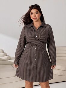 Solflare Plus Size Women's Striped Long Sleeve Single-Breasted Cross-Front Casual Shirt Dress - Multicolor - View 4