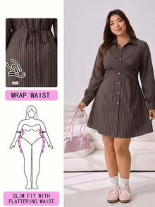 Solflare Plus Size Women's Striped Long Sleeve Single-Breasted Cross-Front Casual Shirt Dress - Multicolor - View 1