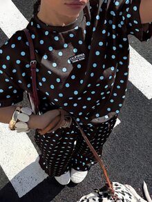 Muchica Coffee Brown Polka Dot Plus Size Women 2pcs Set T-Shirt Pants Homewear Office Summer Soft Form - Coffee Brown - View 1