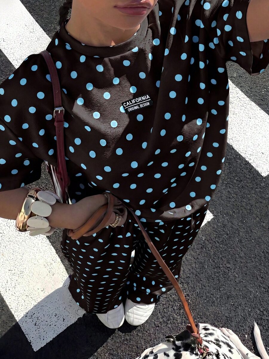 Muchica Coffee Brown Polka Dot Plus Size Women 2pcs Set T-Shirt Pants Homewear Office Summer Soft Form - Coffee Brown - View 1