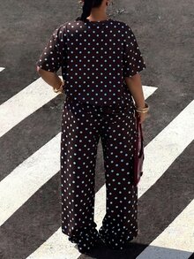 Muchica Coffee Brown Polka Dot Plus Size Women 2pcs Set T-Shirt Pants Homewear Office Summer Soft Form - Coffee Brown - View 2