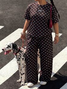 Muchica Coffee Brown Polka Dot Plus Size Women 2pcs Set T-Shirt Pants Homewear Office Summer Soft Form - Coffee Brown - View 4