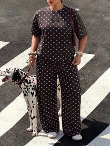 Muchica Coffee Brown Polka Dot Plus Size Women 2pcs Set T-Shirt Pants Homewear Office Summer Soft Form - Coffee Brown - View 3