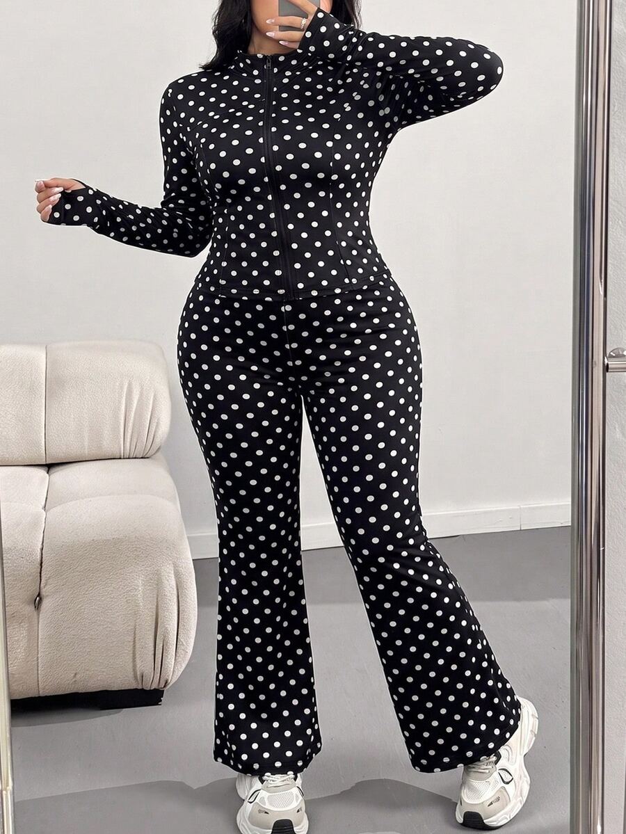 Muchica Setelan Kasual Wanita Ukuran Besar Motif Polkadot Lengan Panjang dengan Resleting Depan, Jaket dan Celana, Musim Gugur - Hitam dan Putih - View 1