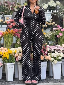 Muchica Setelan Kasual Wanita Ukuran Besar Motif Polkadot Lengan Panjang dengan Resleting Depan, Jaket dan Celana, Musim Gugur - Hitam dan Putih - View 6