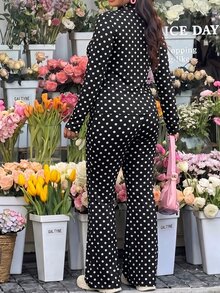 Muchica Setelan Kasual Wanita Ukuran Besar Motif Polkadot Lengan Panjang dengan Resleting Depan, Jaket dan Celana, Musim Gugur - Hitam dan Putih - View 2