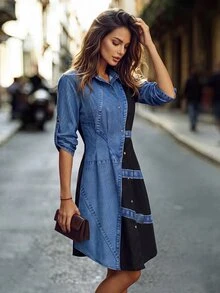 Editum 女款時尚對比色仿丹寧印花鈕扣洋裝，黑色秋季街頭頹廢風夜出穿搭 - 彩色 - 查看 7