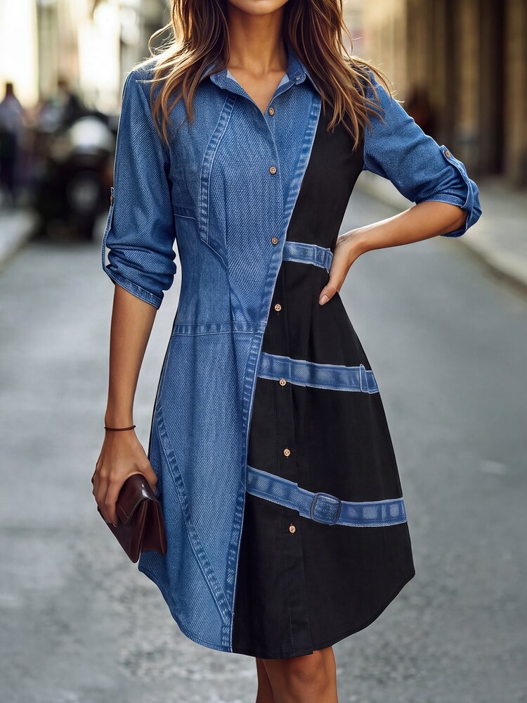 Editum Women's Fashion Contrast Color Faux Denim Print Button Dress Night Out Black Autumn Street Grunge - Multicolor - View 8