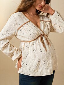 Boho Mama قميص أنيق مطرز بألوان متباينة مع ربطة أمامية للنساء الحوامل - لون مشمشي - مشاهدة 2