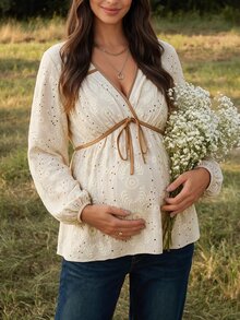 Boho Mama قميص أنيق مطرز بألوان متباينة مع ربطة أمامية للنساء الحوامل - لون مشمشي - مشاهدة 1