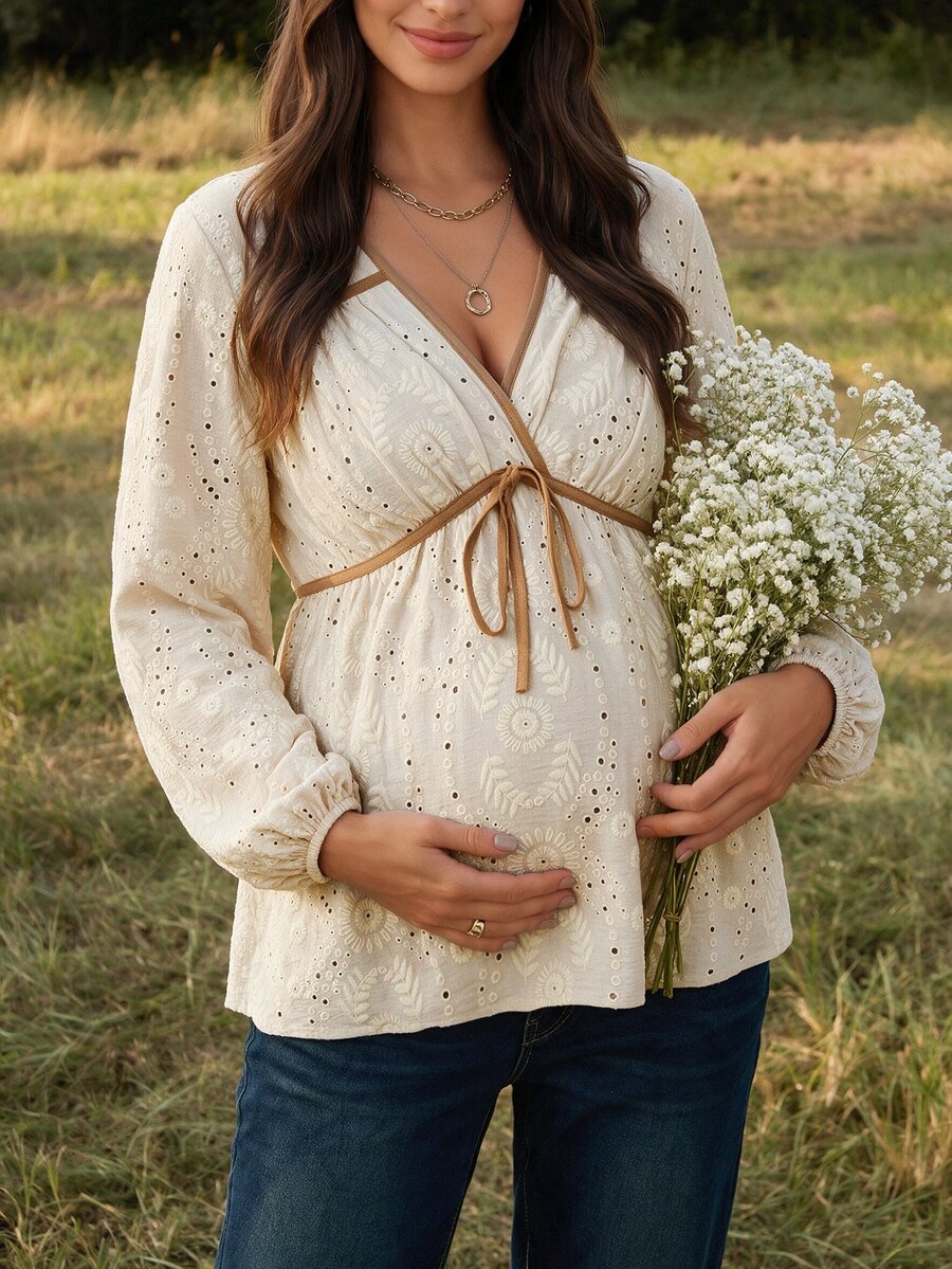 Boho Mama قميص أنيق مطرز بألوان متباينة مع ربطة أمامية للنساء الحوامل - لون مشمشي - مشاهدة 1