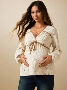 Boho Mama قميص أنيق مطرز بألوان متباينة مع ربطة أمامية للنساء الحوامل - لون مشمشي - مشاهدة 5
