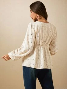 Boho Mama قميص أنيق مطرز بألوان متباينة مع ربطة أمامية للنساء الحوامل - لون مشمشي - مشاهدة 7