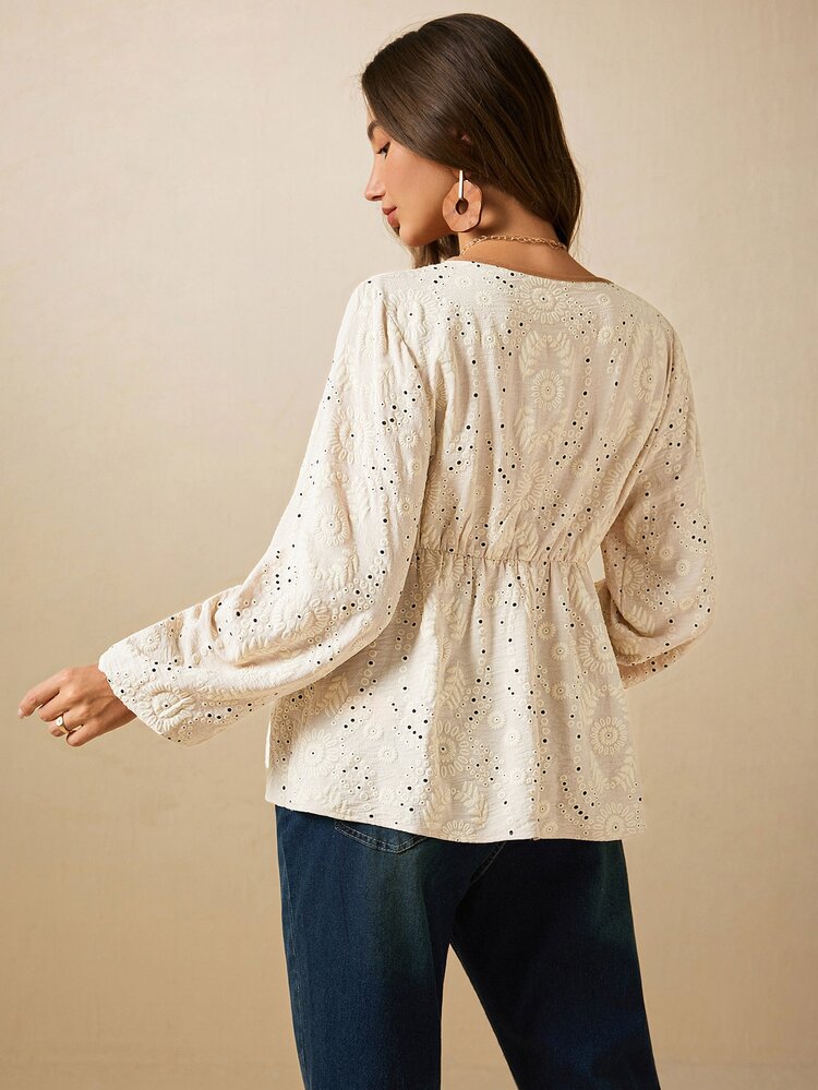 Boho Mama 孕婦專用優雅刺繡對比色繫帶前襟時尚襯衫 - 杏色 - 查看 7