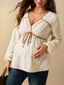 Boho Mama قميص أنيق مطرز بألوان متباينة مع ربطة أمامية للنساء الحوامل - لون مشمشي - مشاهدة 3