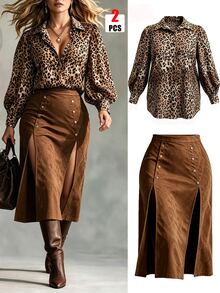 Ceyna Plus Size Women's Bubble Long Sleeve Leopard Print Blouse With Side Slit Double-Breasted Metal Button Decor Suede Skirt, Autumn/Winter 2 Pieces Set, Fashionable 2 Pieces Set, Autumn/Winter 2 Pieces Set - Multicolor - View 6
