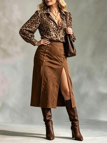 Ceyna Plus Size Women's Bubble Long Sleeve Leopard Print Blouse With Side Slit Double-Breasted Metal Button Decor Suede Skirt, Autumn/Winter 2 Pieces Set, Fashionable 2 Pieces Set, Autumn/Winter 2 Pieces Set - Multicolor - View 5