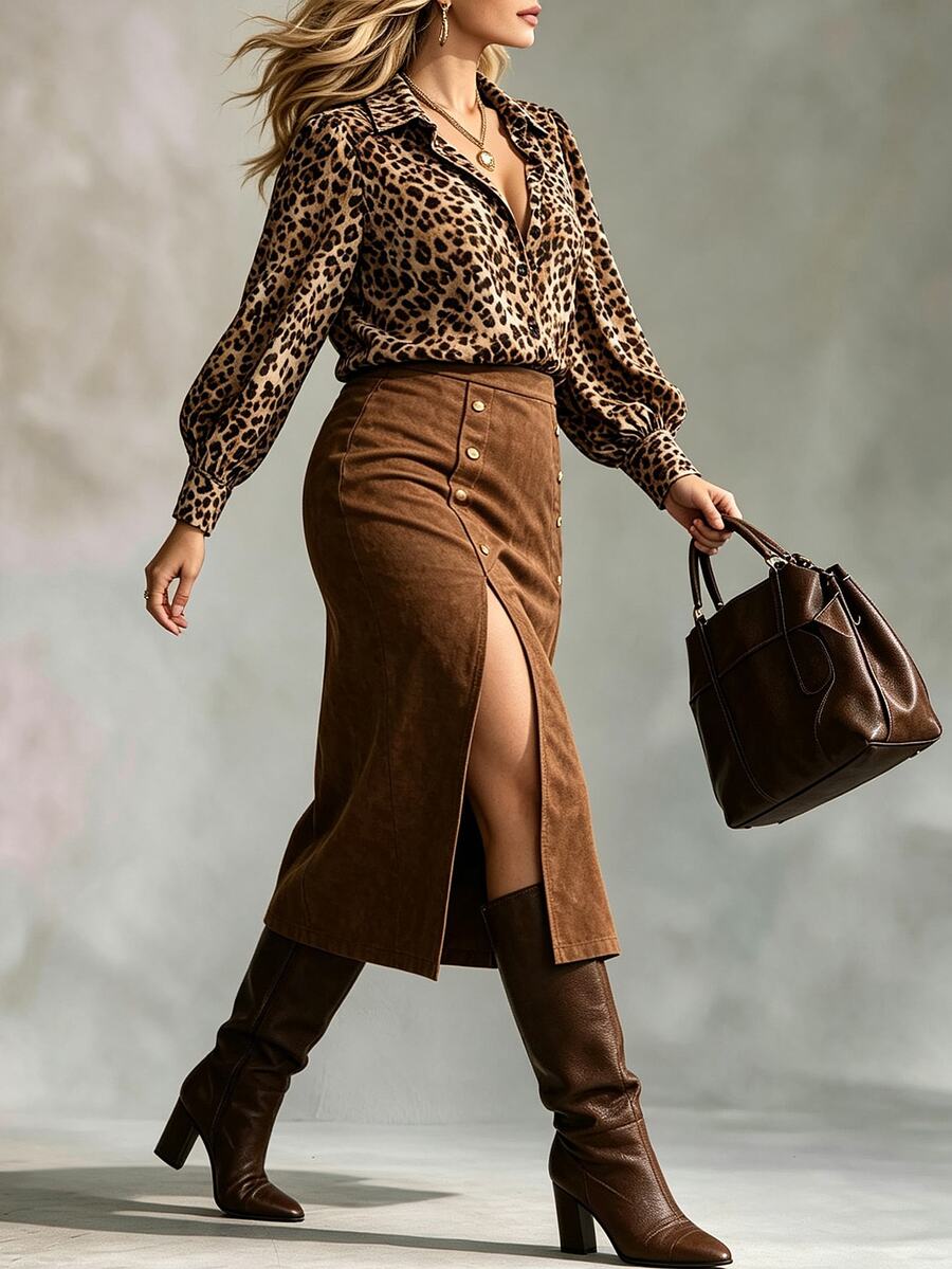 Ceyna Plus Size Women's Bubble Long Sleeve Leopard Print Blouse With Side Slit Double-Breasted Metal Button Decor Suede Skirt, Autumn/Winter 2 Pieces Set, Fashionable 2 Pieces Set, Autumn/Winter 2 Pieces Set - Multicolor - View 1