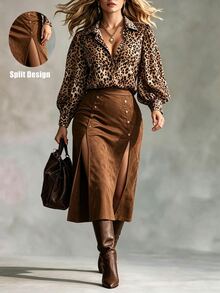Ceyna Plus Size Women's Bubble Long Sleeve Leopard Print Blouse With Side Slit Double-Breasted Metal Button Decor Suede Skirt, Autumn/Winter 2 Pieces Set, Fashionable 2 Pieces Set, Autumn/Winter 2 Pieces Set - Multicolor - View 3