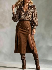 Ceyna Plus Size Women's Bubble Long Sleeve Leopard Print Blouse With Side Slit Double-Breasted Metal Button Decor Suede Skirt, Autumn/Winter 2 Pieces Set, Fashionable 2 Pieces Set, Autumn/Winter 2 Pieces Set - Multicolor - View 4