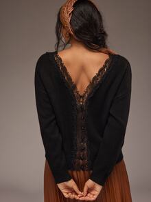Freevana Women Reversible Lace V Neck Button Down Long Sleeve Knit Cardigan Sweater Front To Back Tops - Black - View 4