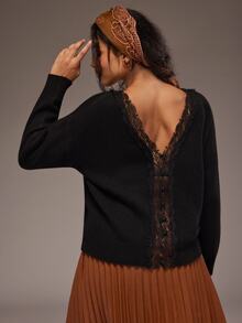 Freevana Women Reversible Lace V Neck Button Down Long Sleeve Knit Cardigan Sweater Front To Back Tops - Black - View 5