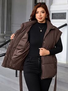Chikora Plus Size Women's Solid Color Stand Collar Waist Knot Winter Jacket - Brown - View 8