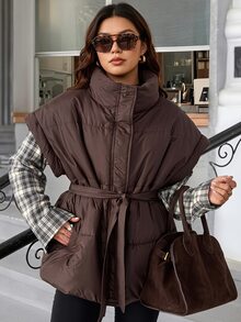 Chikora Plus Size Women's Solid Color Stand Collar Waist Knot Winter Jacket - Brown - View 3
