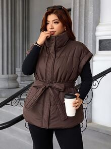 Chikora Plus Size Women's Solid Color Stand Collar Waist Knot Winter Jacket - Brown - View 6