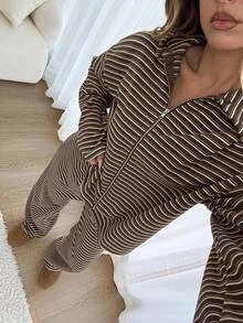 Easowa Curve Casual Minimalist Zip-Up Striped Hoodie & Long Sleeve 2 Pieces Set - Multicolor - View 1