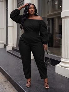 Slaydiva Plus Size Jumpsuit, Black Off Shoulder Puff Sleeve High Waist Slim Fit Romper - Black - View 4