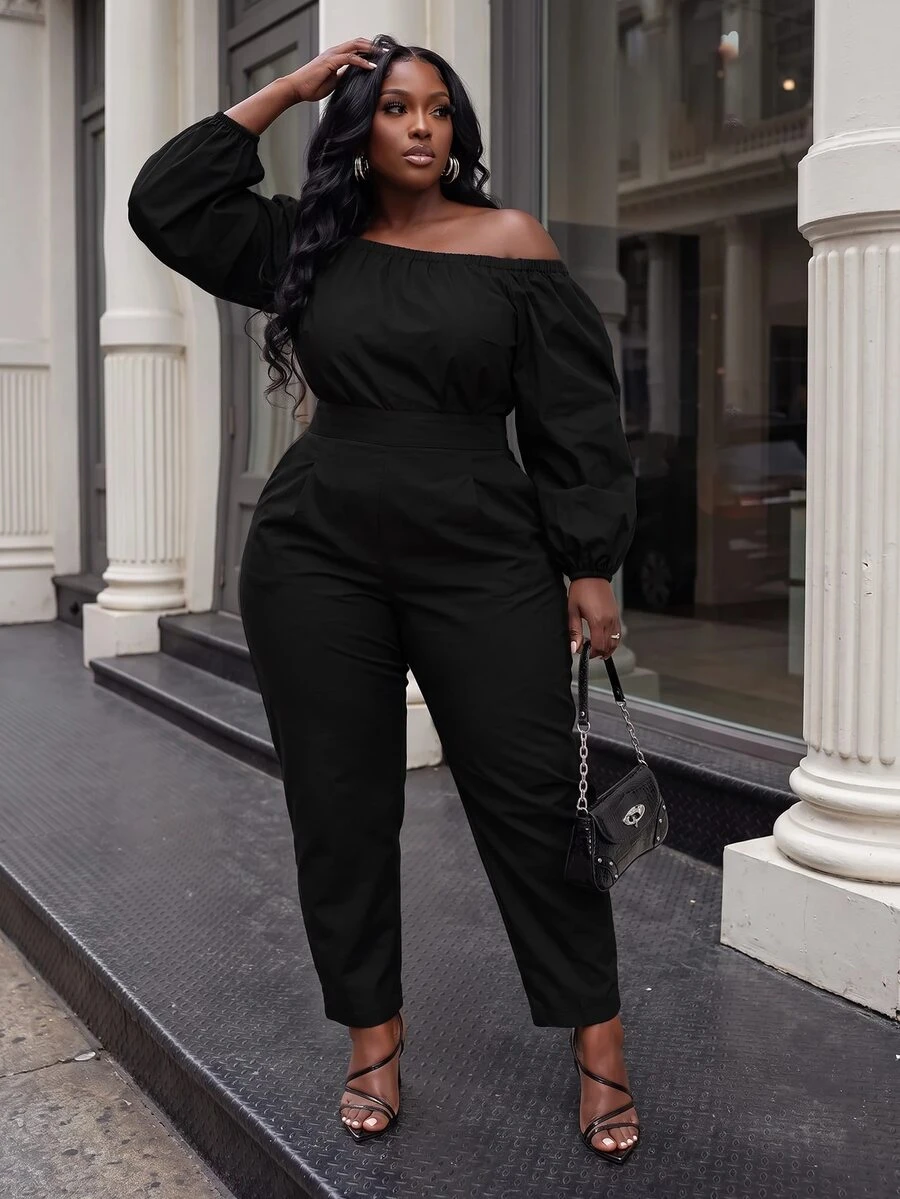 Slaydiva Plus Size Jumpsuit, Black Cold Shoulder Puff Sleeve High Waist Slim Fit Romper Fall