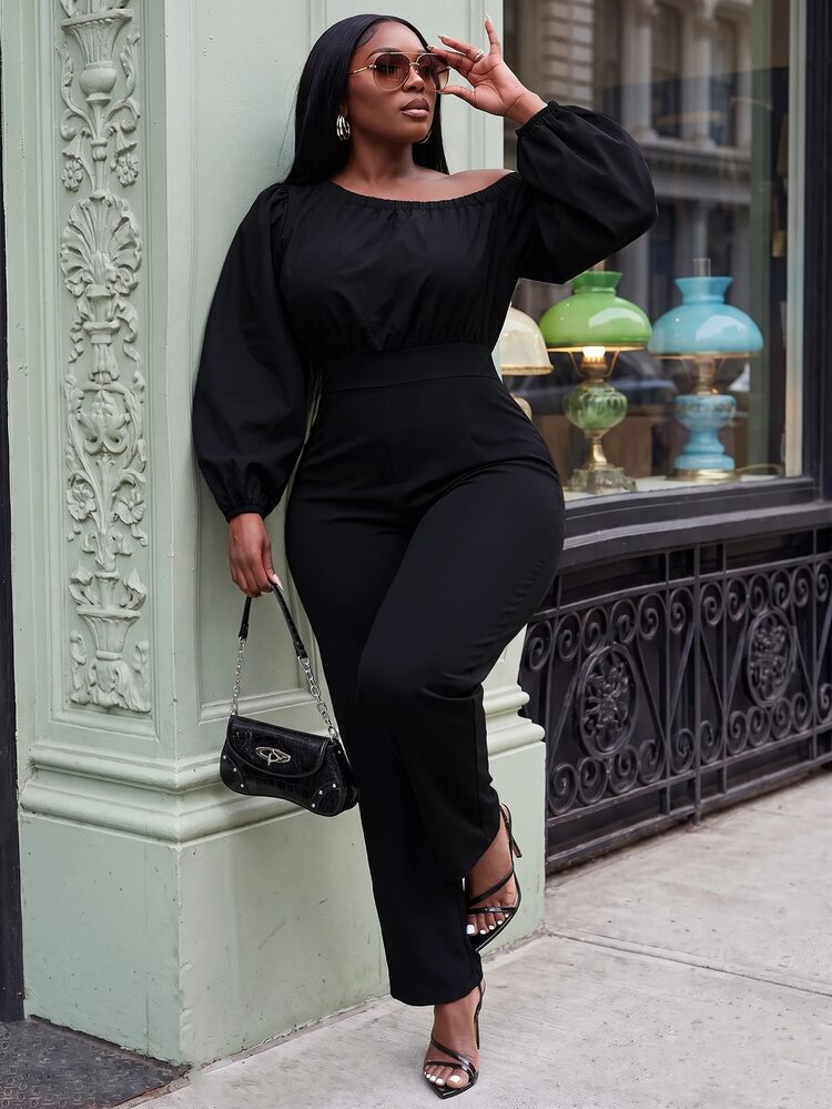 Slaydiva Plus Size Jumpsuit, Black Off Shoulder Puff Sleeve High Waist Slim Fit Romper - Black - View 1