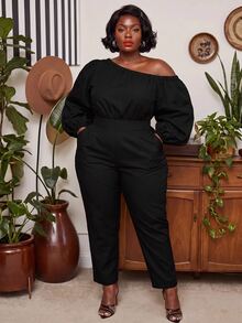 Slaydiva Plus Size Jumpsuit, Black Off Shoulder Puff Sleeve High Waist Slim Fit Romper - Black - View 6