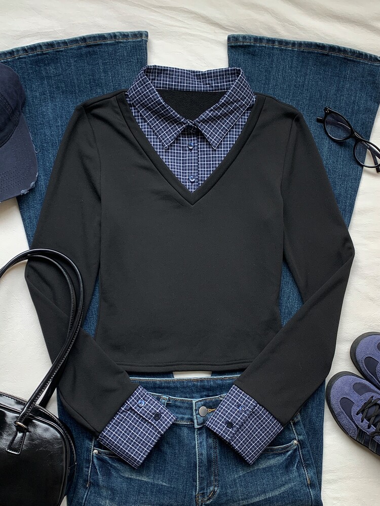 Comfortcana Women's Plaid 2 In 1 Patchwork Slim Fit Versatile Casual Daily T-Shirt - Black - View 3