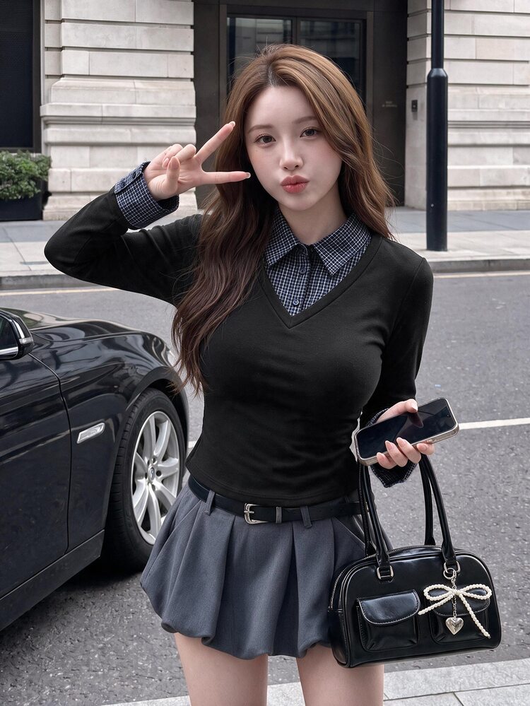 Comfortcana Women's Plaid 2 In 1 Patchwork Slim Fit Versatile Casual Daily T-Shirt - Black - View 7