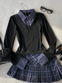 Comfortcana Women's Plaid 2 In 1 Patchwork Slim Fit Versatile Casual Daily T-Shirt - Black - View 5