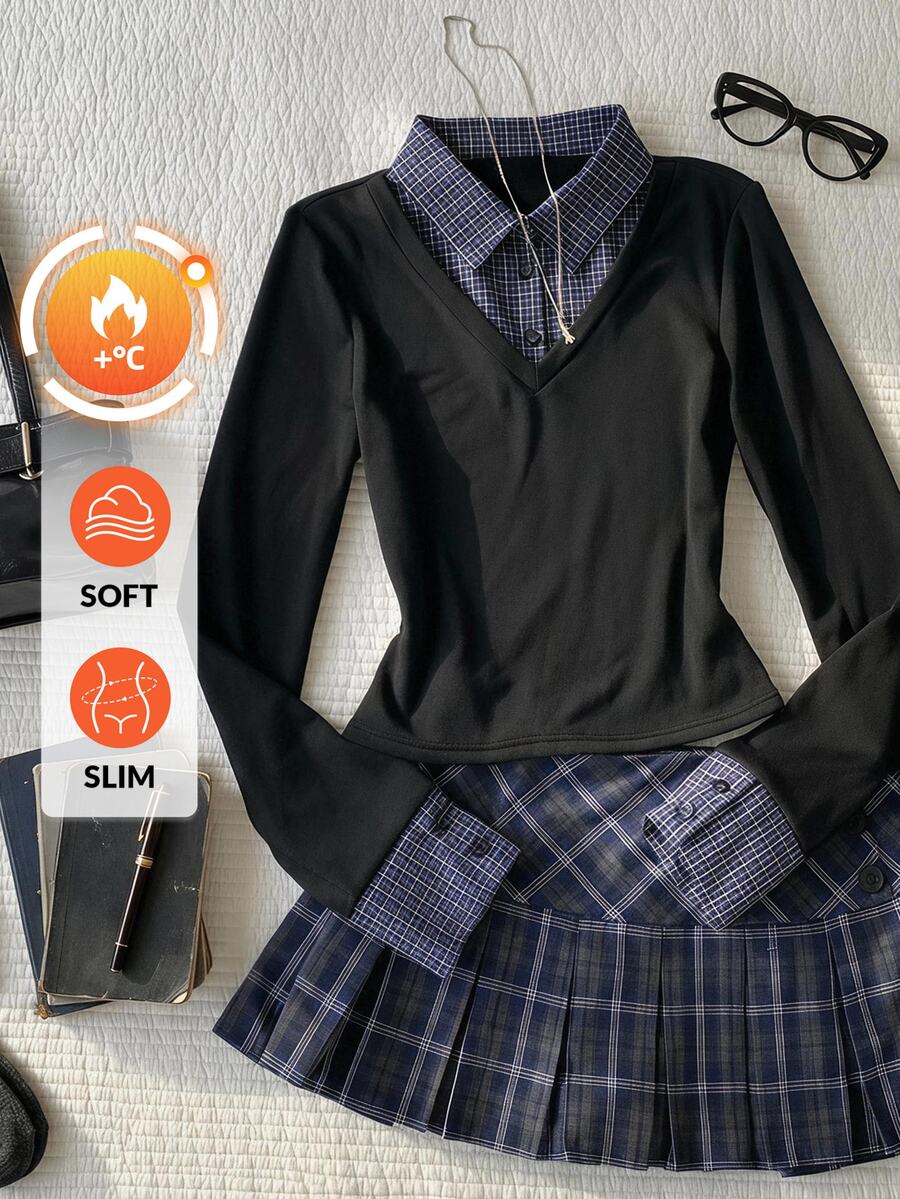 Comfortcana Women's Plaid 2 In 1 Patchwork Slim Fit Versatile Casual Daily T-Shirt - Black - View 1