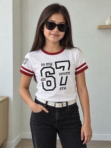 一件少女可爱修身短袖圆领印花67号涤纶T恤，搭配撞色滚边。可爱蝴蝶图案T恤，白色，夏季休闲校服。 - 彩色 - 查看 3