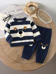 2pcs/Set Baby Boy Cute Outfit,Includes Striped Bear Graphic Sweatshirt And Matching Sweatpants,Navy And White Family Matching For Autumn/Winter/Spring - Multicolor - View 5