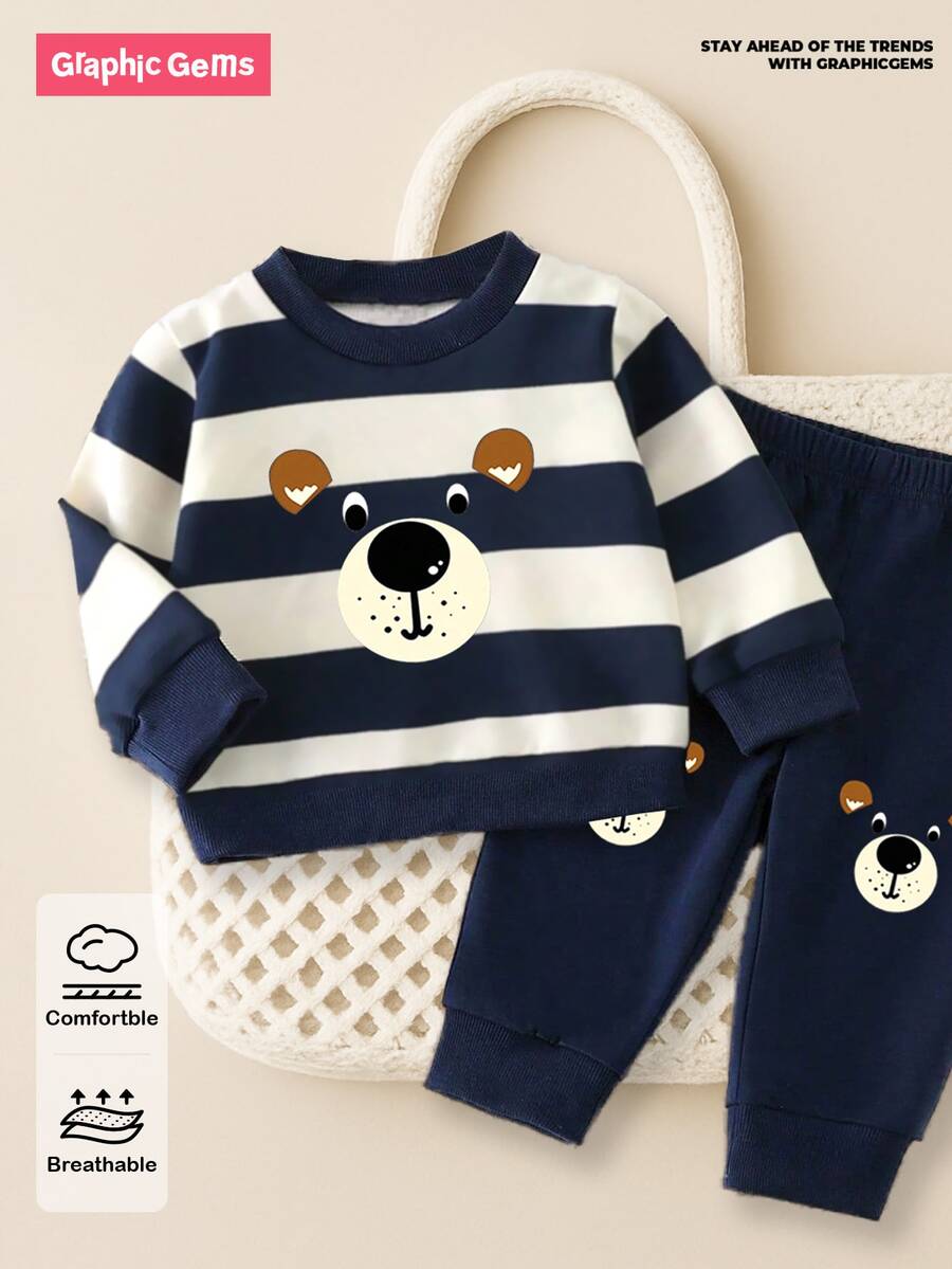 2pcs/Set Baby Boy Cute Outfit,Includes Striped Bear Graphic Sweatshirt And Matching Sweatpants,Navy And White Family Matching For Autumn/Winter/Spring