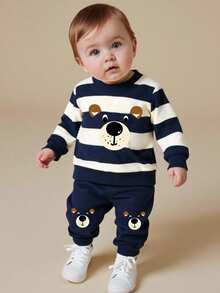 2pcs/Set Baby Boy Cute Outfit,Includes Striped Bear Graphic Sweatshirt And Matching Sweatpants,Navy And White Family Matching For Autumn/Winter/Spring - Multicolor - View 3